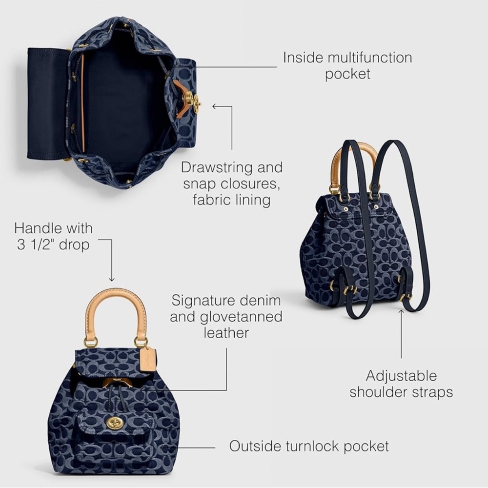 Coach Women's Riya Backpack, Blue, Medium, Coach Dust Bag, NWOT; Brand new! - Picture 3 of 5
